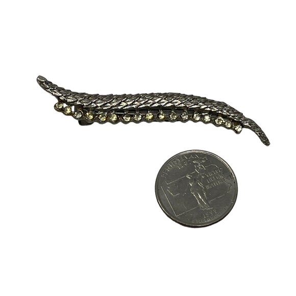 Vintage Rhinestone Hair‎ Clip Silver Tone Leaf Barrette - Picture 2 of 8